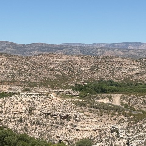 Rocky desert landscape with sparse vegetation under a clear blue sky.